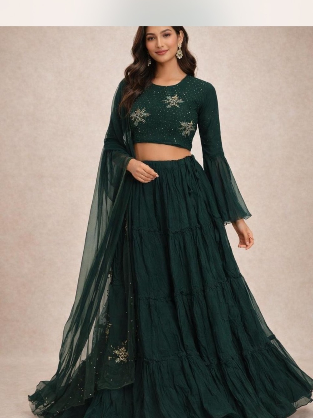 Green Tiered Chiffon Lehenga, bell sleeve blouse,Dupetta with free  earrings